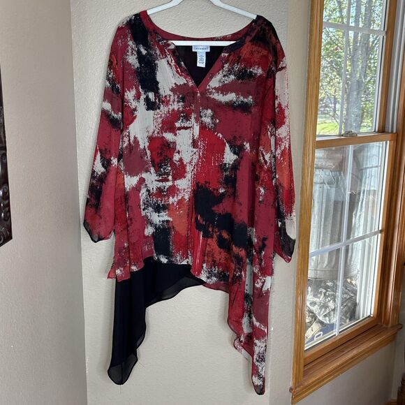 Catherines Shirt Womens 4X Red Black Abstract Asymmetrical Hem Chiffon Tunic - Picture 9 of 11